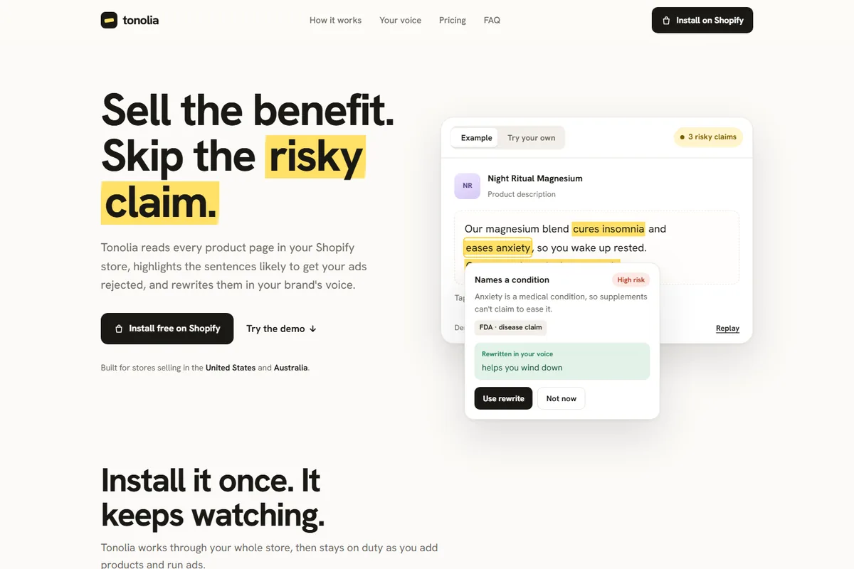Tonolia landing page